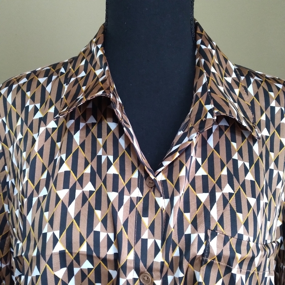 Women's Black & Brown Abstract Long Sleeve Button Down Blouse-Size L - Picture 3 of 9